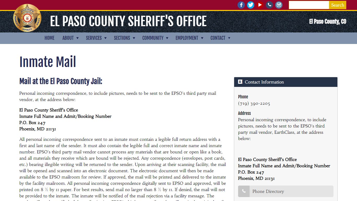 Inmate Mail | El Paso County Sheriff